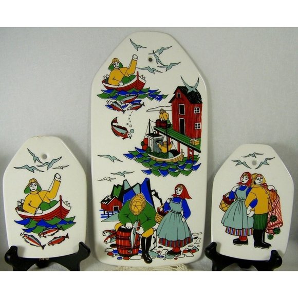 Norway Torskefiske Handpainted Silkscreen Gerd Design Wall Plaques, Set of 3 - Picture 1 of 9